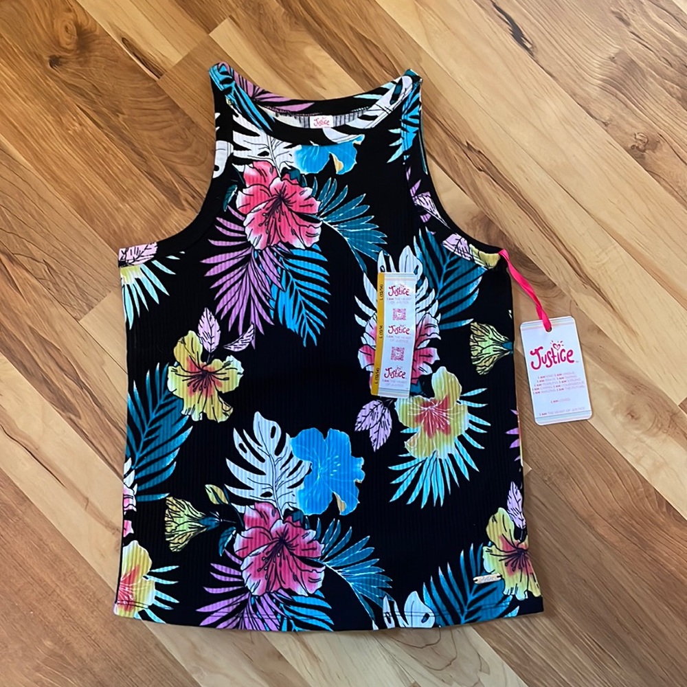 Justice Black Floral Ribbed Hineck Tank Top L (12/14) - Picture 1 of 8
